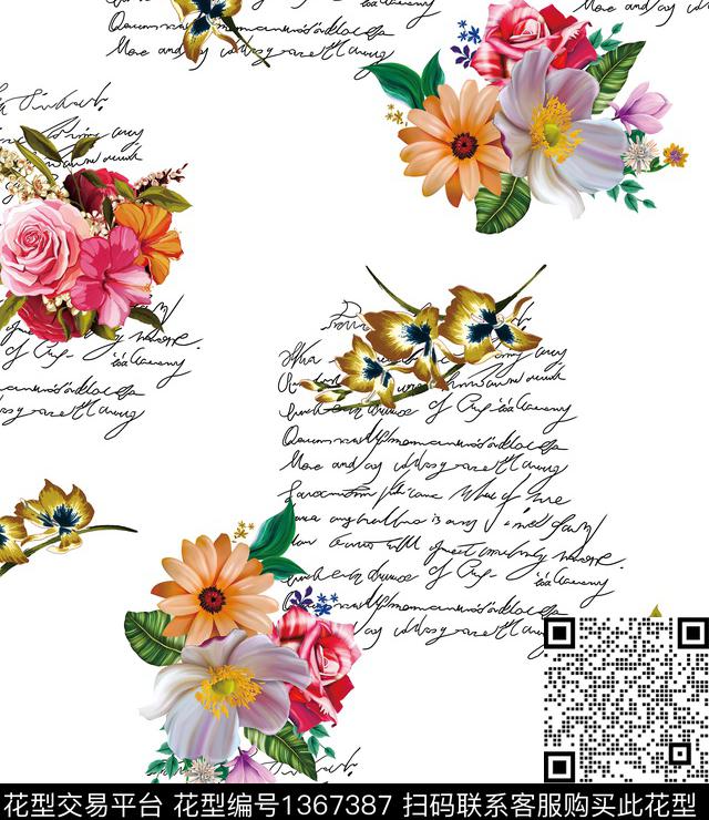 字母写真花卉数码印花华亿平台下载（图片编号: 1367387） - 瓦栏（Walan）