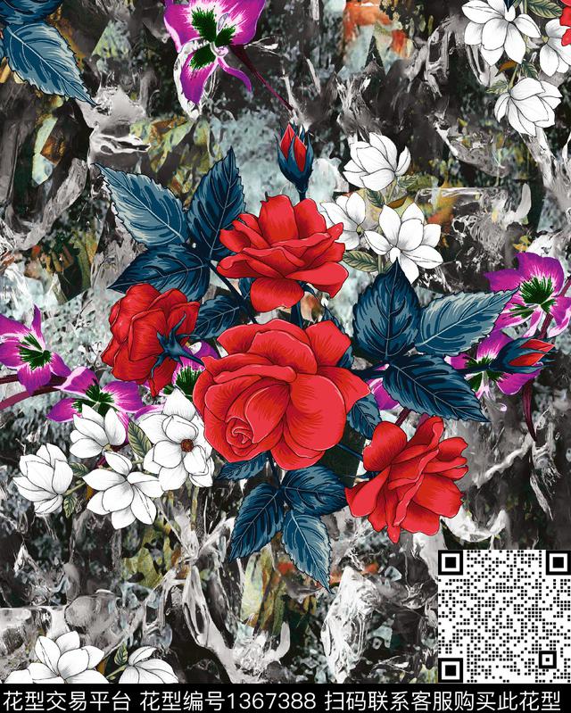 玫瑰花抽象手绘花卉数码印花华亿平台下载（图片编号: 1367388） - 瓦栏（Walan）