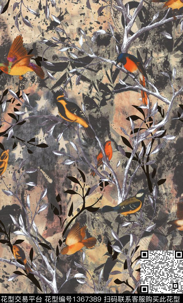 抽象花卉树枝中国风数码印花华亿平台下载（图片编号: 1367389） - 瓦栏（Walan）