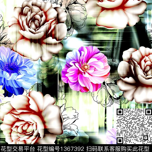 抽象花卉大牌风牡丹数码印花华亿平台下载（图片编号: 1367392） - 瓦栏（Walan）