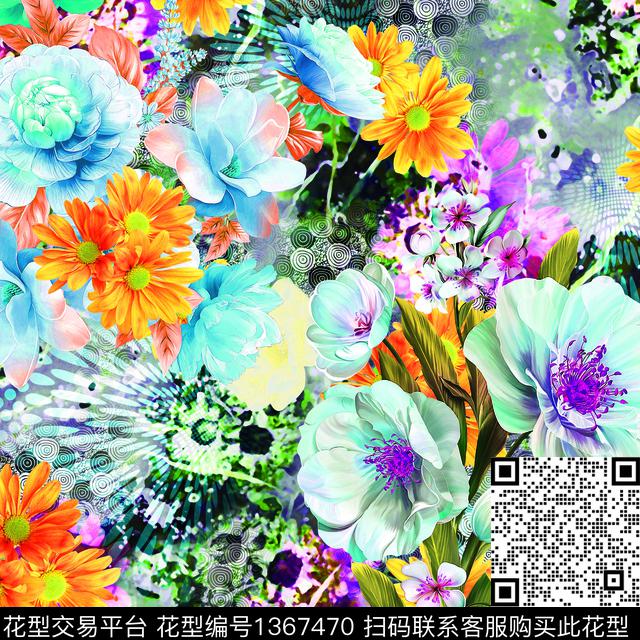 抽象花卉大牌风牡丹数码印花华亿平台下载（图片编号: 1367470） - 瓦栏（Walan）