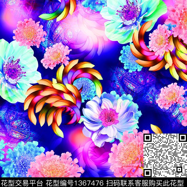 抽象花卉大牌风牡丹数码印花华亿平台下载（图片编号: 1367476） - 瓦栏（Walan）