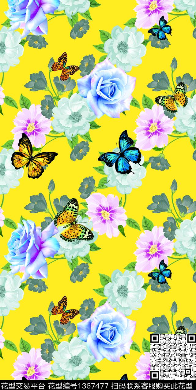 花卉蝴蝶抽象花卉大牌风数码印花华亿平台下载（图片编号: 1367477） - 瓦栏（Walan）