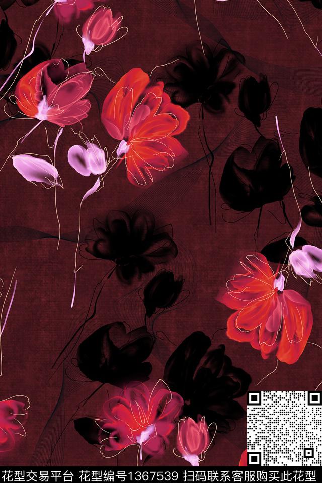 抽象花卉香云纱真丝数码印花华亿平台下载（图片编号: 1367539） - 瓦栏（Walan）