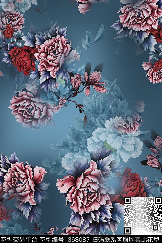 花卉香云纱中国风数码印花华亿平台下载（图片编号: 1368087） - 瓦栏（Walan）