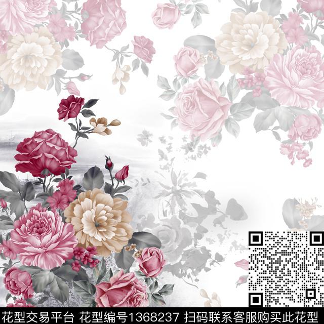 方巾花卉手绘花卉数码印花华亿平台下载（图片编号: 1368237） - 瓦栏（Walan）