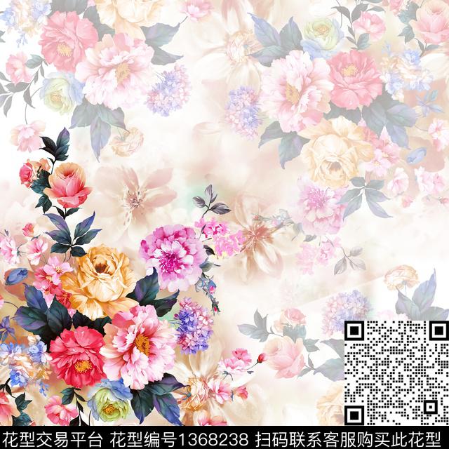 方巾手绘花卉手绘大花数码印花华亿平台下载（图片编号: 1368238） - 瓦栏（Walan）