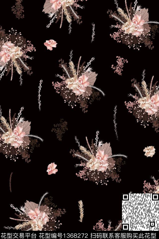 黑底花卉玫瑰花复古数码印花华亿平台下载（图片编号: 1368272） - 瓦栏（Walan）