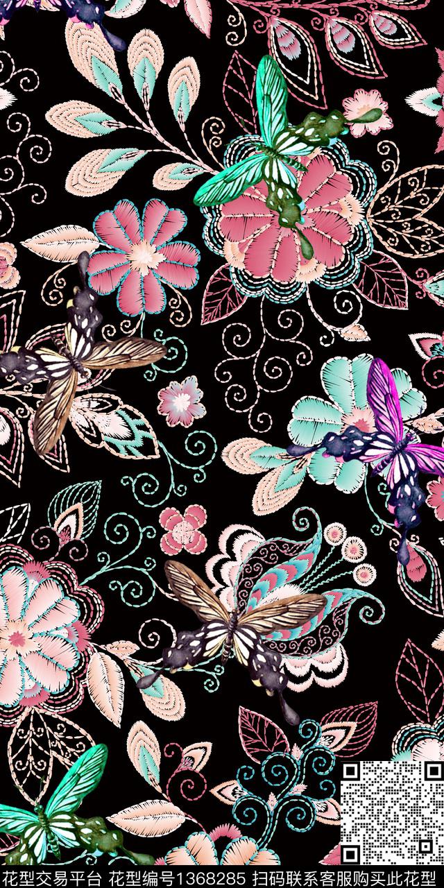 花卉蝴蝶雕花绣花华亿平台数码印花华亿平台下载（图片编号: 1368285） - 瓦栏（Walan）