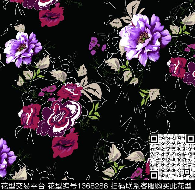 线条抽象花卉牡丹数码印花华亿平台下载（图片编号: 1368286） - 瓦栏（Walan）