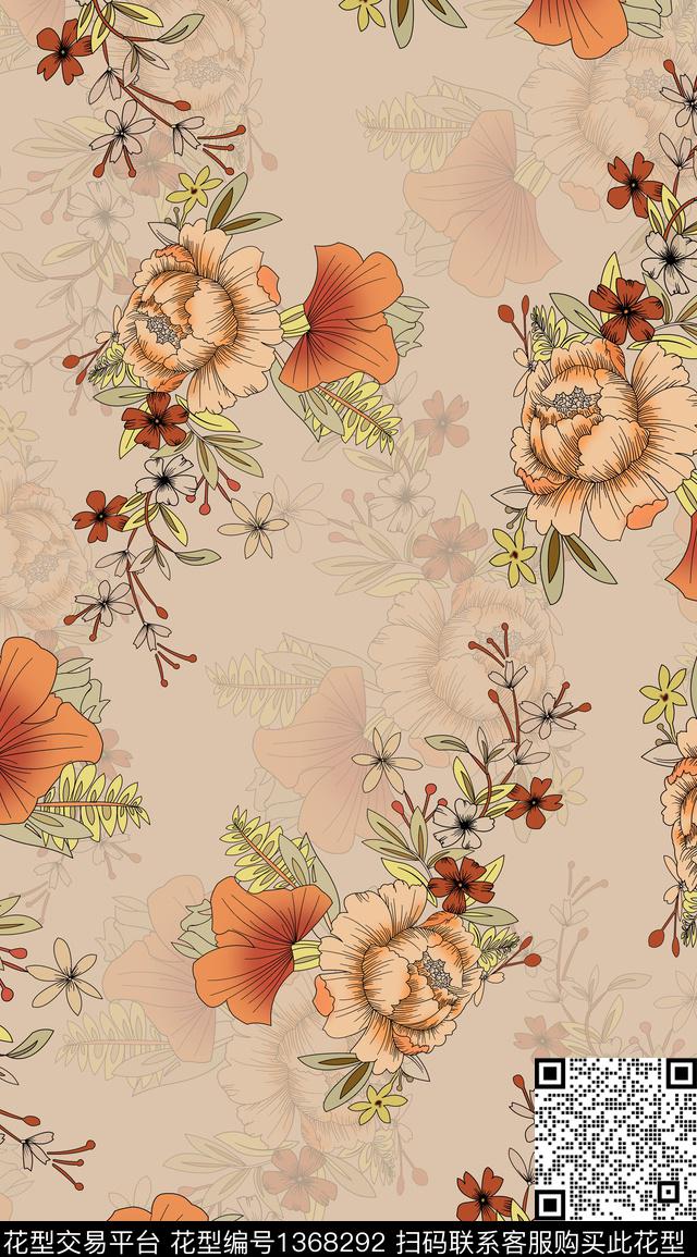 抽象花卉香云纱手绘花卉数码印花华亿平台下载（图片编号: 1368292） - 瓦栏（Walan）