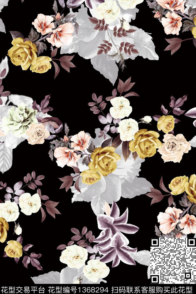 复古手绘花卉玫瑰花数码印花华亿平台下载（图片编号: 1368294） - 瓦栏（Walan）