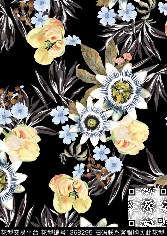 复古香云纱手绘花卉数码印花华亿平台下载（图片编号: 1368295） - 瓦栏（Walan）