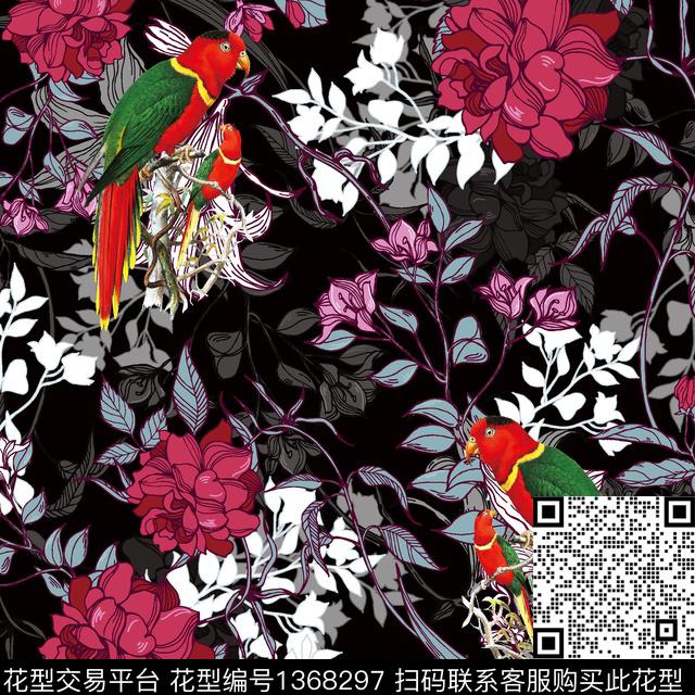 鹦鹉复古手绘花卉数码印花华亿平台下载（图片编号: 1368297） - 瓦栏（Walan）