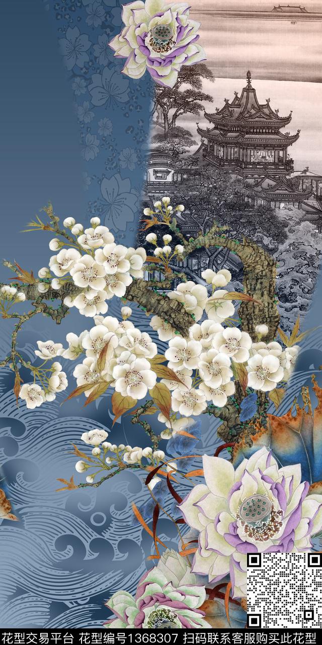 建筑花卉真丝数码印花华亿平台下载（图片编号: 1368307） - 瓦栏（Walan）