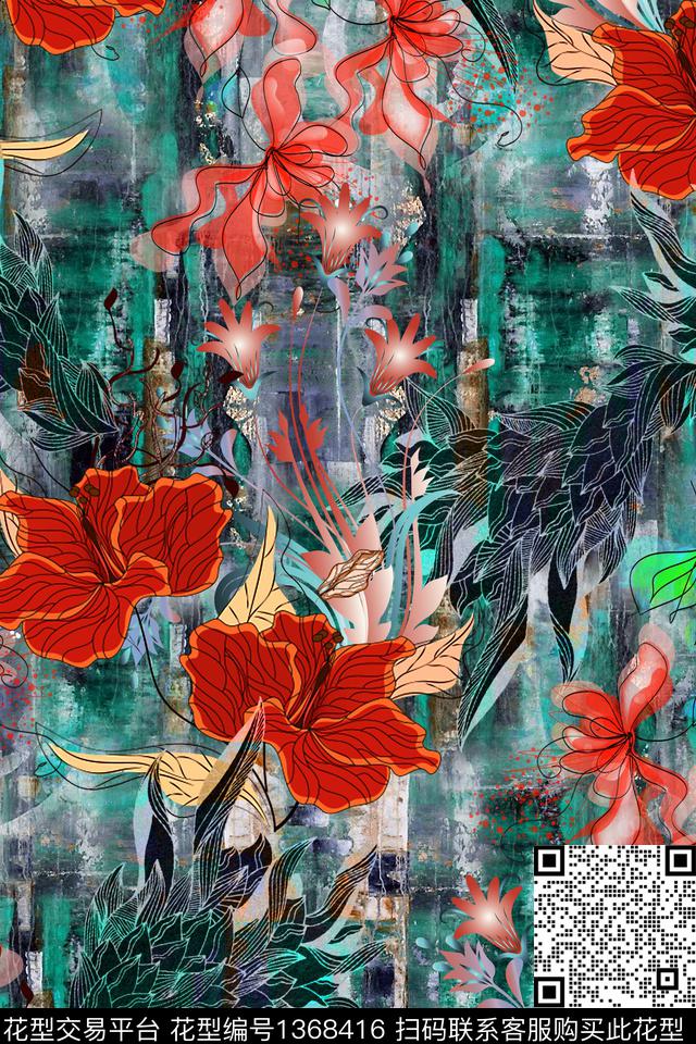 香云纱中国风中老年花数码印花华亿平台下载（图片编号: 1368416） - 瓦栏（Walan）