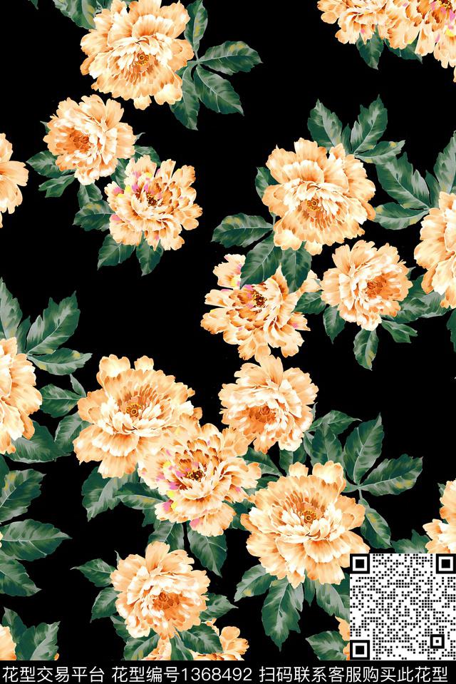 黑底花卉花卉大牌风数码印花华亿平台下载（图片编号: 1368492） - 瓦栏（Walan）