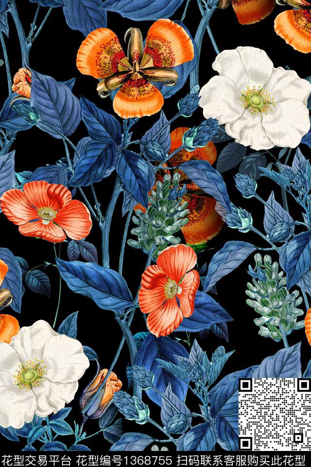 花卉植物满版散花数码印花华亿平台下载（图片编号: 1368755） - 瓦栏（Walan）