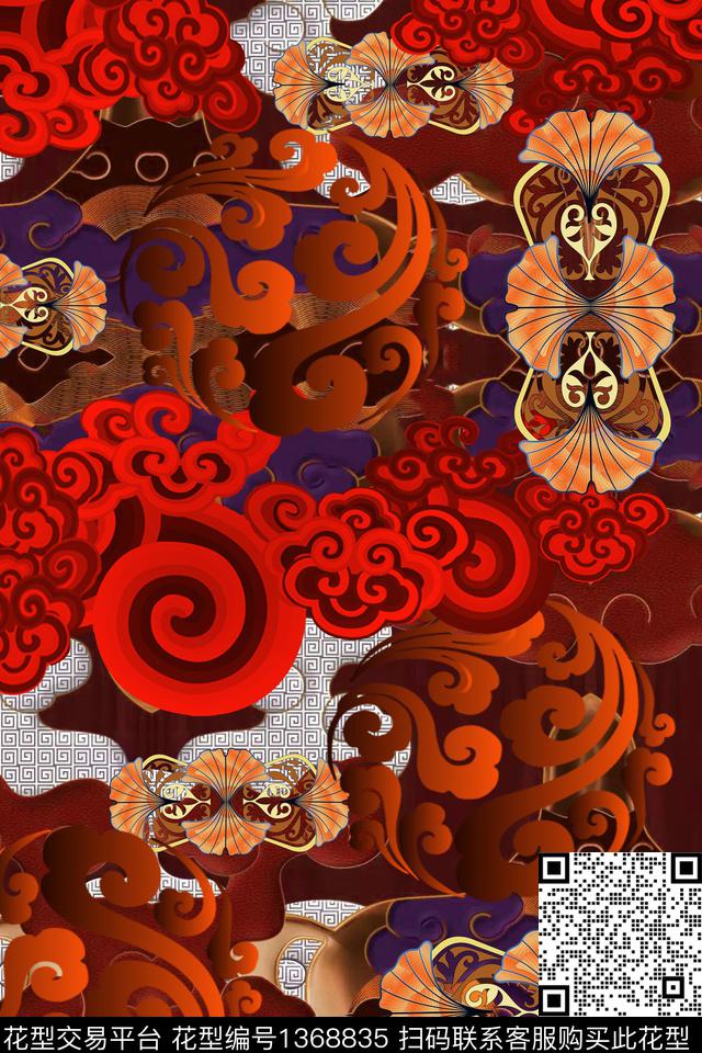 祥云香云纱真丝数码印花华亿平台下载（图片编号: 1368835） - 瓦栏（Walan）