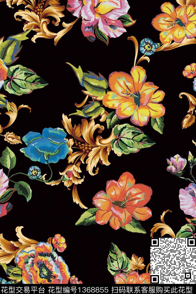 抽象花卉复古手绘花卉数码印花华亿平台下载（图片编号: 1368855） - 瓦栏（Walan）