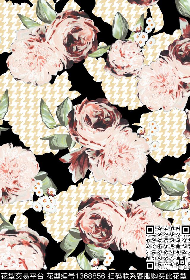 千鸟格玫瑰花手绘花卉数码印花华亿平台下载（图片编号: 1368856） - 瓦栏（Walan）