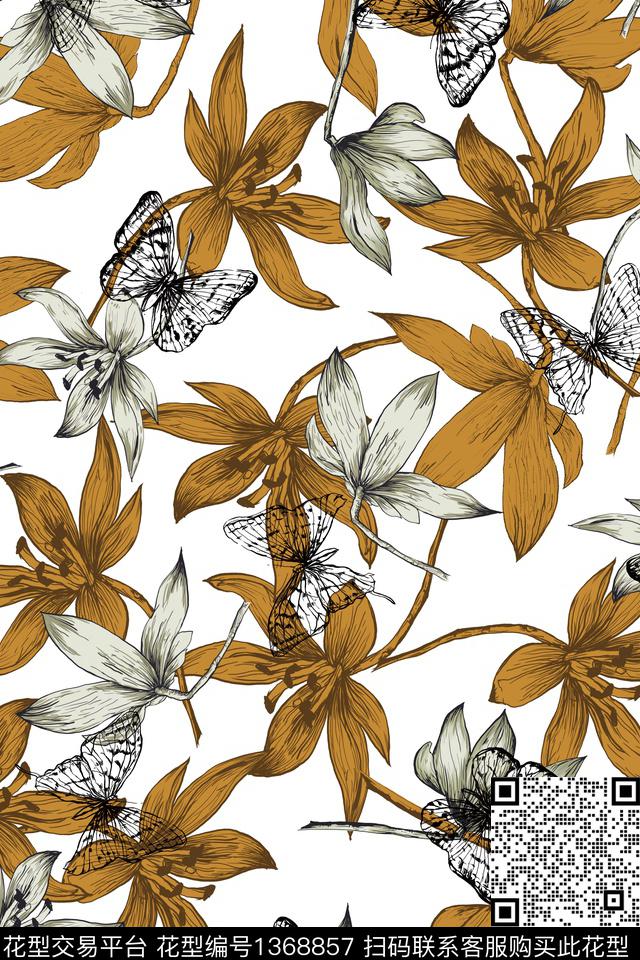 抽象花卉复古手绘花卉数码印花华亿平台下载（图片编号: 1368857） - 瓦栏（Walan）