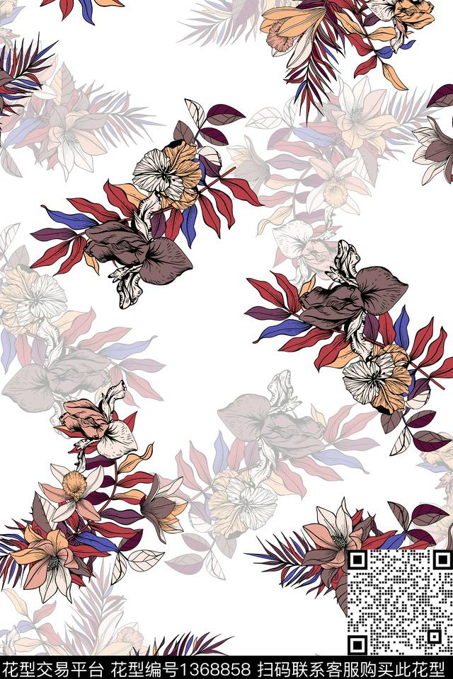 抽象花卉复古手绘花卉数码印花华亿平台下载（图片编号: 1368858） - 瓦栏（Walan）