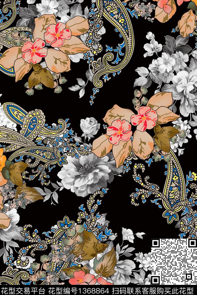 抽象花卉佩斯利牡丹数码印花华亿平台下载（图片编号: 1368864） - 瓦栏（Walan）