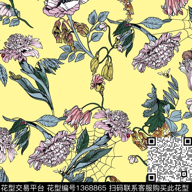 手绘花卉蜘蛛工笔花卉数码印花华亿平台下载（图片编号: 1368865） - 瓦栏（Walan）