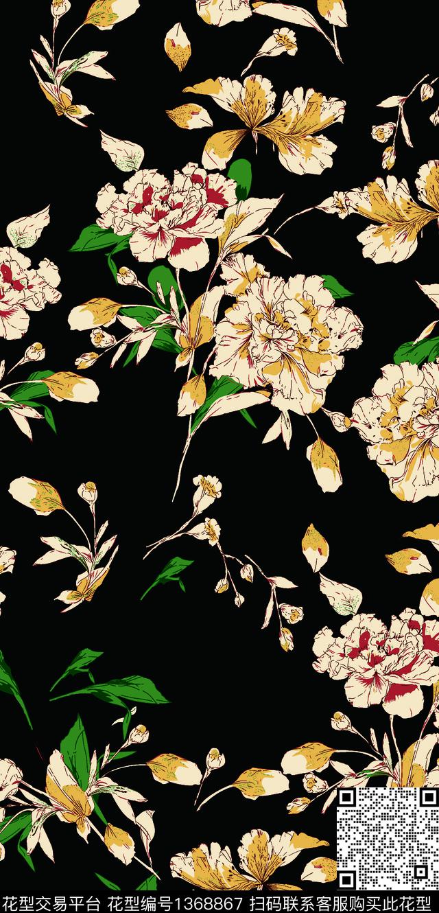 小清新牡丹手绘花卉数码印花华亿平台下载（图片编号: 1368867） - 瓦栏（Walan）