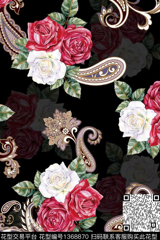 复古佩斯利手绘花卉数码印花华亿平台下载（图片编号: 1368870） - 瓦栏（Walan）