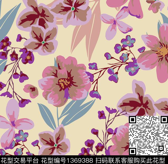 真丝手绘花卉清爽数码印花华亿平台下载（图片编号: 1369388） - 瓦栏（Walan）