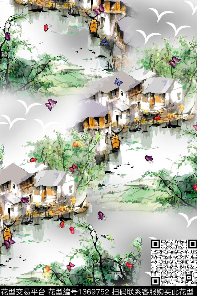 数码华亿平台水墨风满版散花数码印花华亿平台下载（图片编号: 1369752） - 瓦栏（Walan）