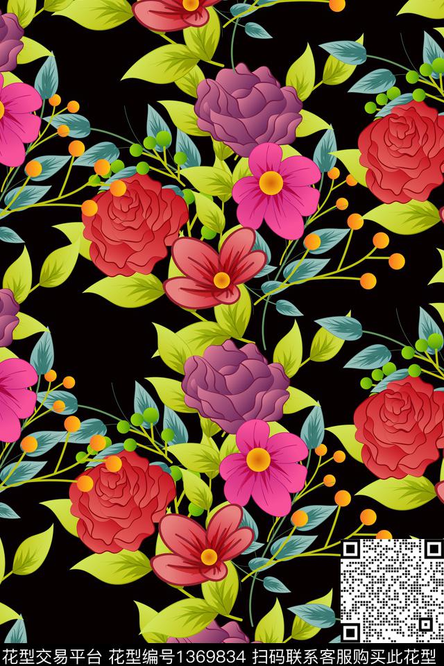 花卉玫瑰花绿植树叶数码印花华亿平台下载（图片编号: 1369834） - 瓦栏（Walan）