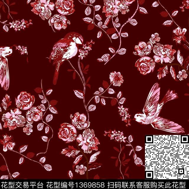 花鸟大牌风小碎花数码印花华亿平台下载（图片编号: 1369858） - 瓦栏（Walan）