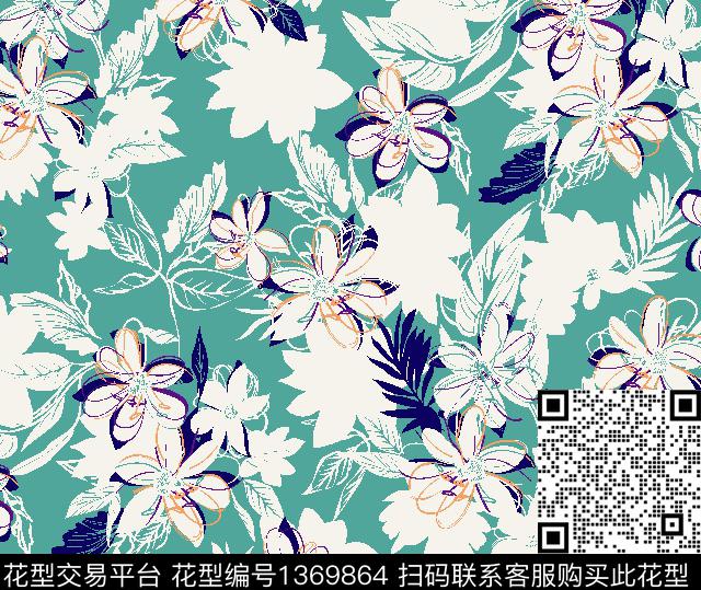 彩底花卉旗袍连衣裙传统印花华亿平台下载（图片编号: 1369864） - 瓦栏（Walan）