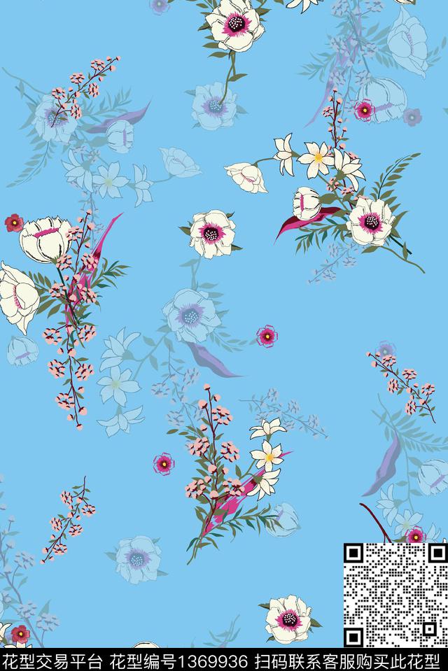 抽象花卉手绘花卉复古香云纱数码印花华亿平台下载（图片编号: 1369936） - 瓦栏（Walan）