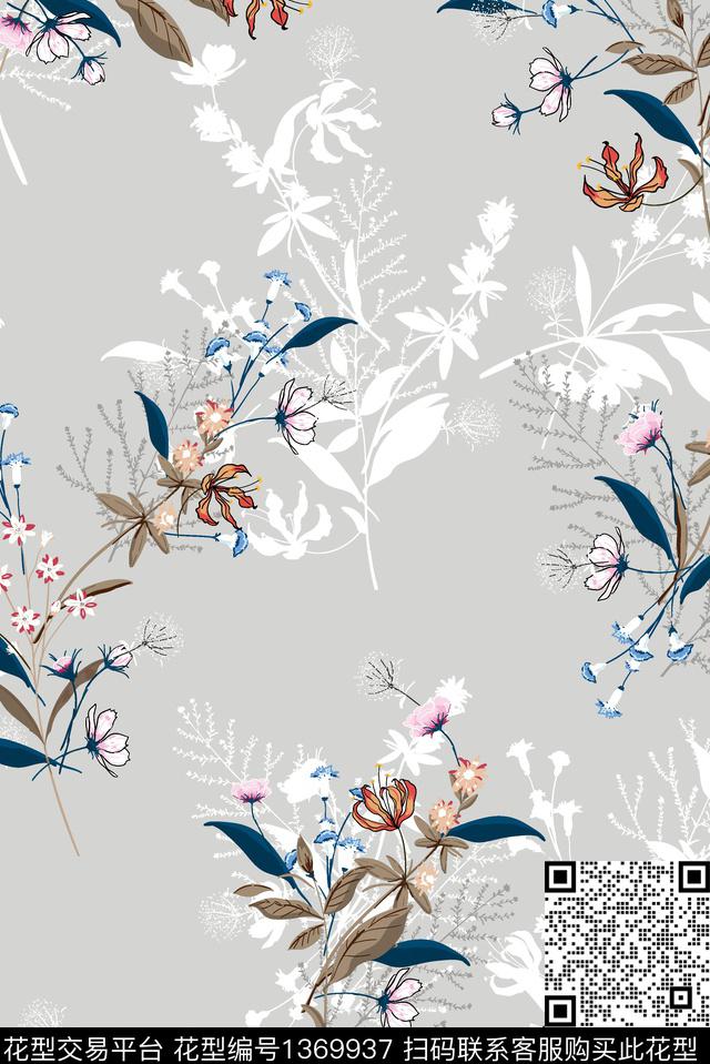 抽象花卉手绘花卉复古香云纱数码印花华亿平台下载（图片编号: 1369937） - 瓦栏（Walan）