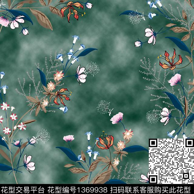 抽象花卉手绘花卉复古香云纱数码印花华亿平台下载（图片编号: 1369938） - 瓦栏（Walan）