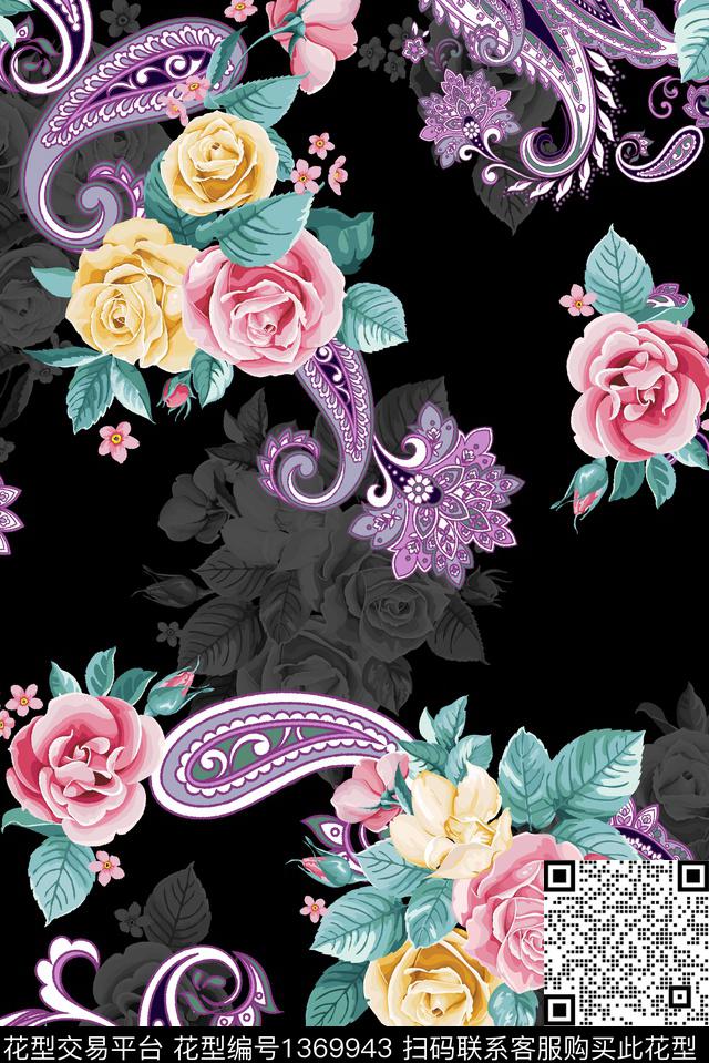 玫瑰花佩斯利手绘花卉数码印花华亿平台下载（图片编号: 1369943） - 瓦栏（Walan）