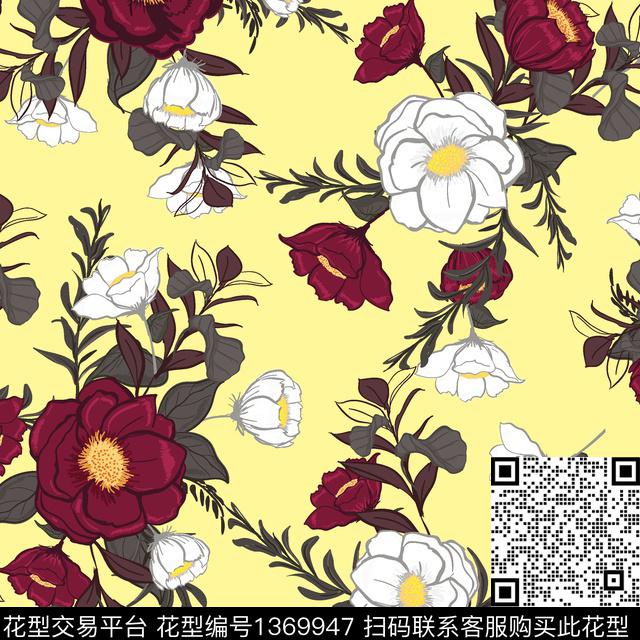 玫瑰花手绘花卉工笔花卉数码印花华亿平台下载（图片编号: 1369947） - 瓦栏（Walan）