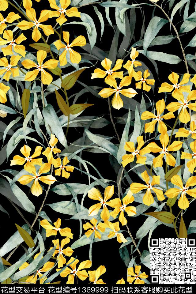 花卉植物深色底华亿平台数码印花华亿平台下载（图片编号: 1369999） - 瓦栏（Walan）