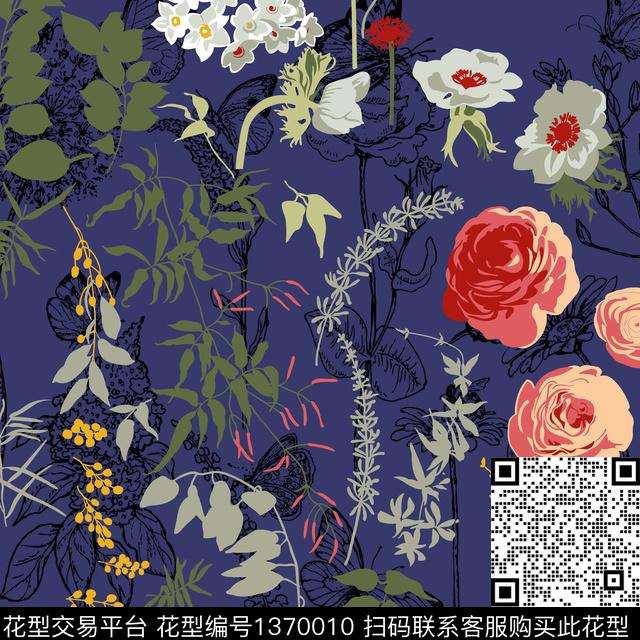 丝巾定位花插画写意数码印花华亿平台下载（图片编号: 1370010） - 瓦栏（Walan）