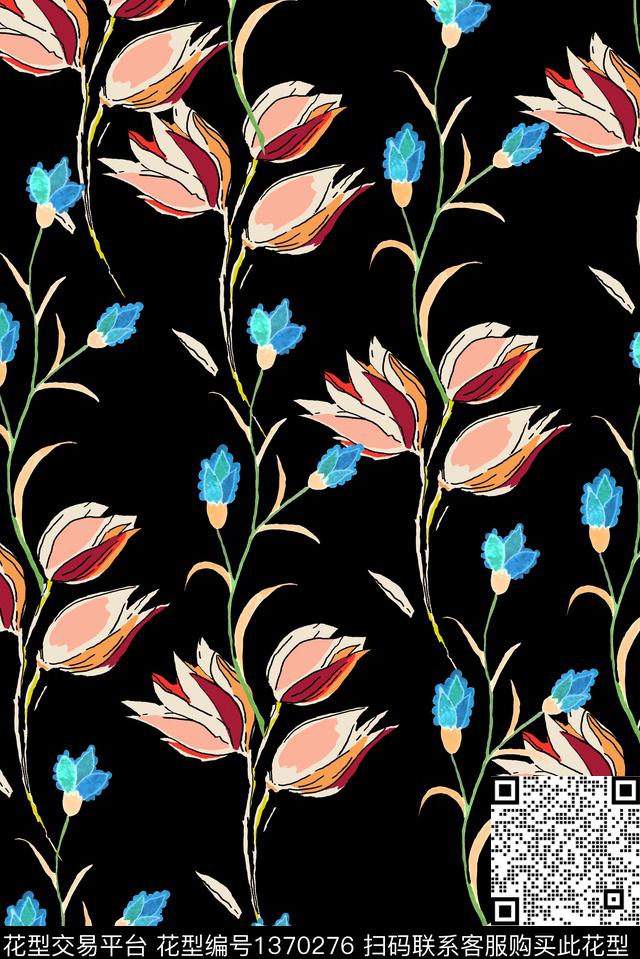 花卉黑底花朵简约大气数码印花华亿平台下载（图片编号: 1370276） - 瓦栏（Walan）