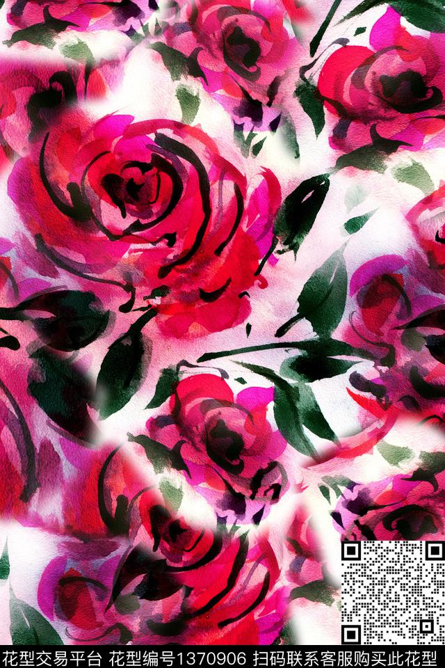 玫瑰花渐变中国风数码印花华亿平台下载（图片编号: 1370906） - 瓦栏（Walan）
