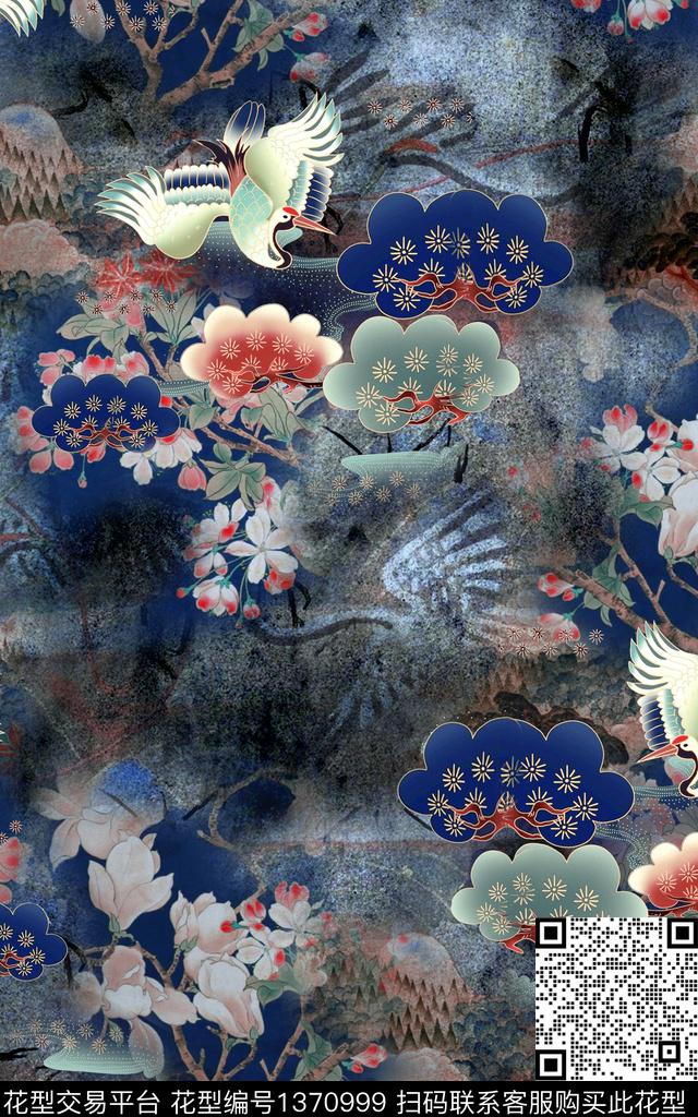 仙鹤花卉手绘数码印花华亿平台下载（图片编号: 1370999） - 瓦栏（Walan）