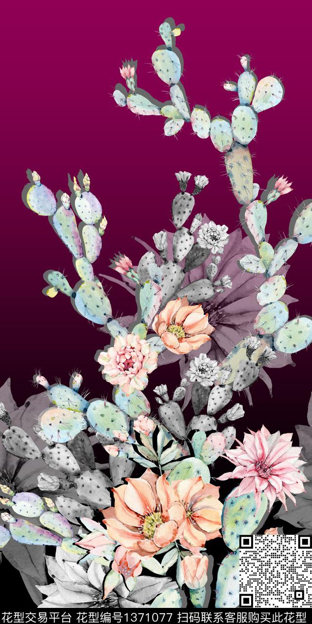 仙人掌大花手绘数码印花华亿平台下载（图片编号: 1371077） - 瓦栏（Walan）