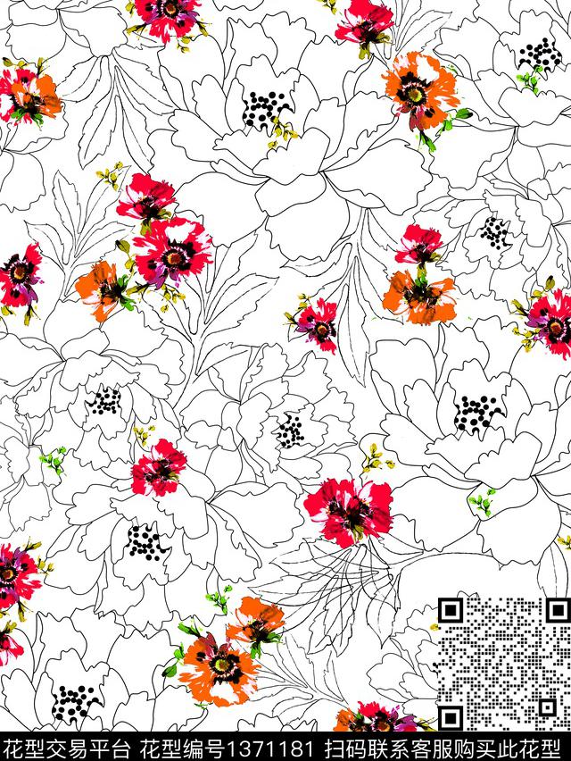 花卉抽象风格化花卉数码印花华亿平台下载（图片编号: 1371181） - 瓦栏（Walan）