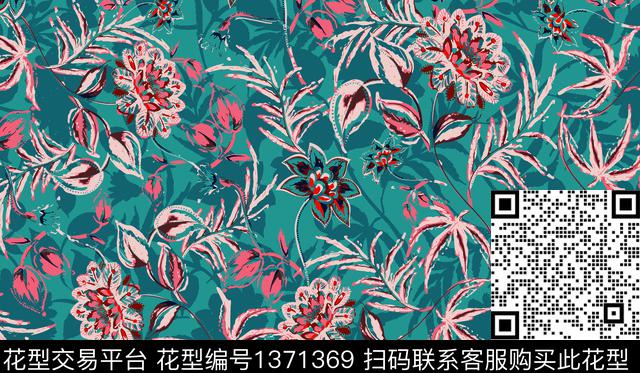 彩底花卉壁画灰色花传统印花华亿平台下载（图片编号: 1371369） - 瓦栏（Walan）