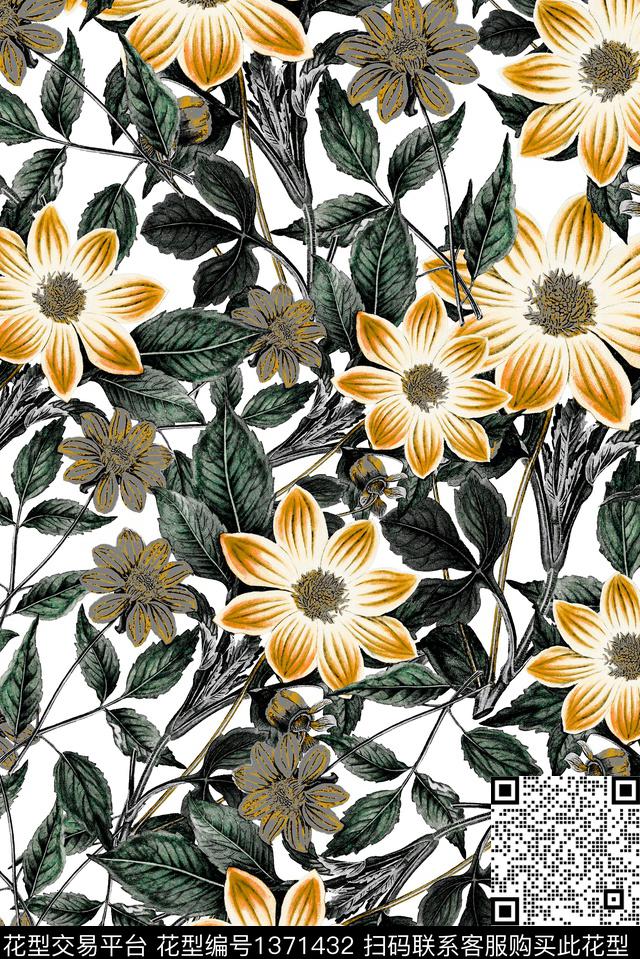 白底花满版散花真丝数码印花华亿平台下载（图片编号: 1371432） - 瓦栏（Walan）